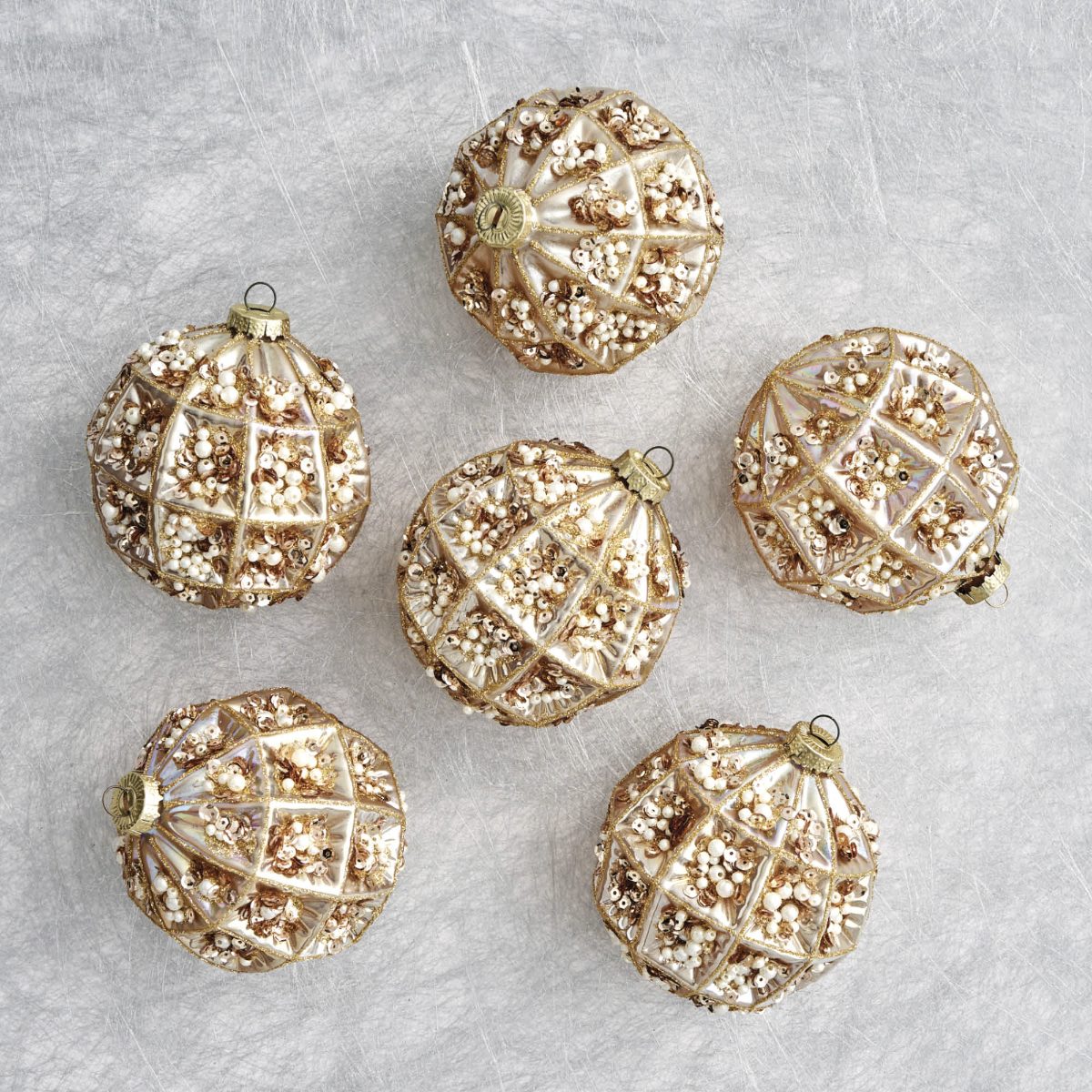 Champagne Shimmer Beaded Bauble Ornaments, Set of Six