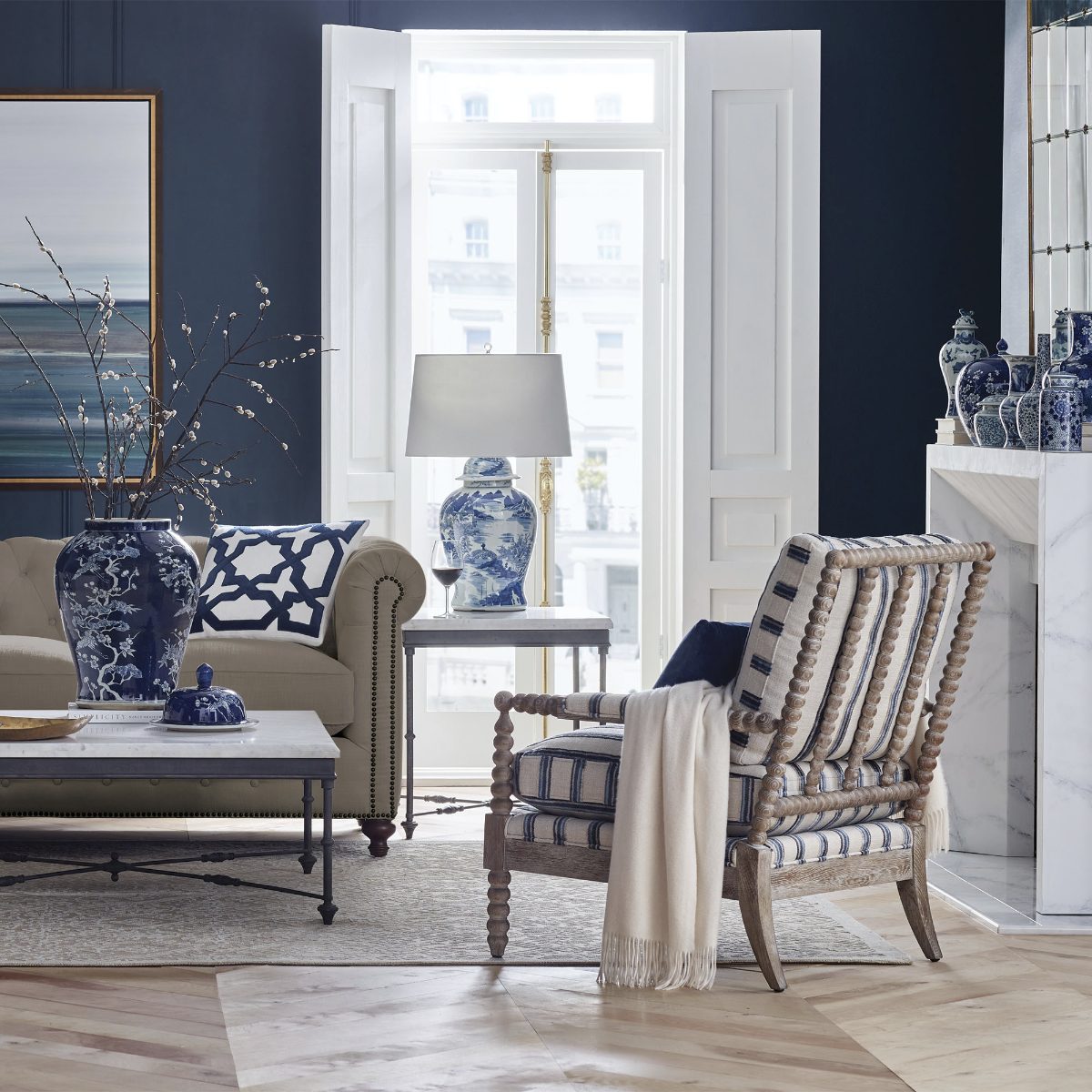 Blue Handpainted Ming Table Lamp with Linen Shade - Image 3