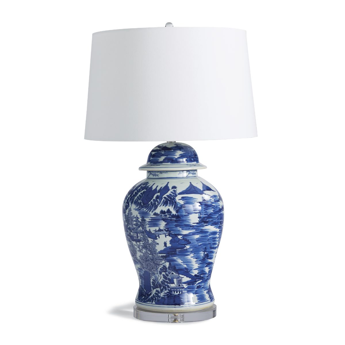Blue Handpainted Ming Table Lamp with Linen Shade - Image 4