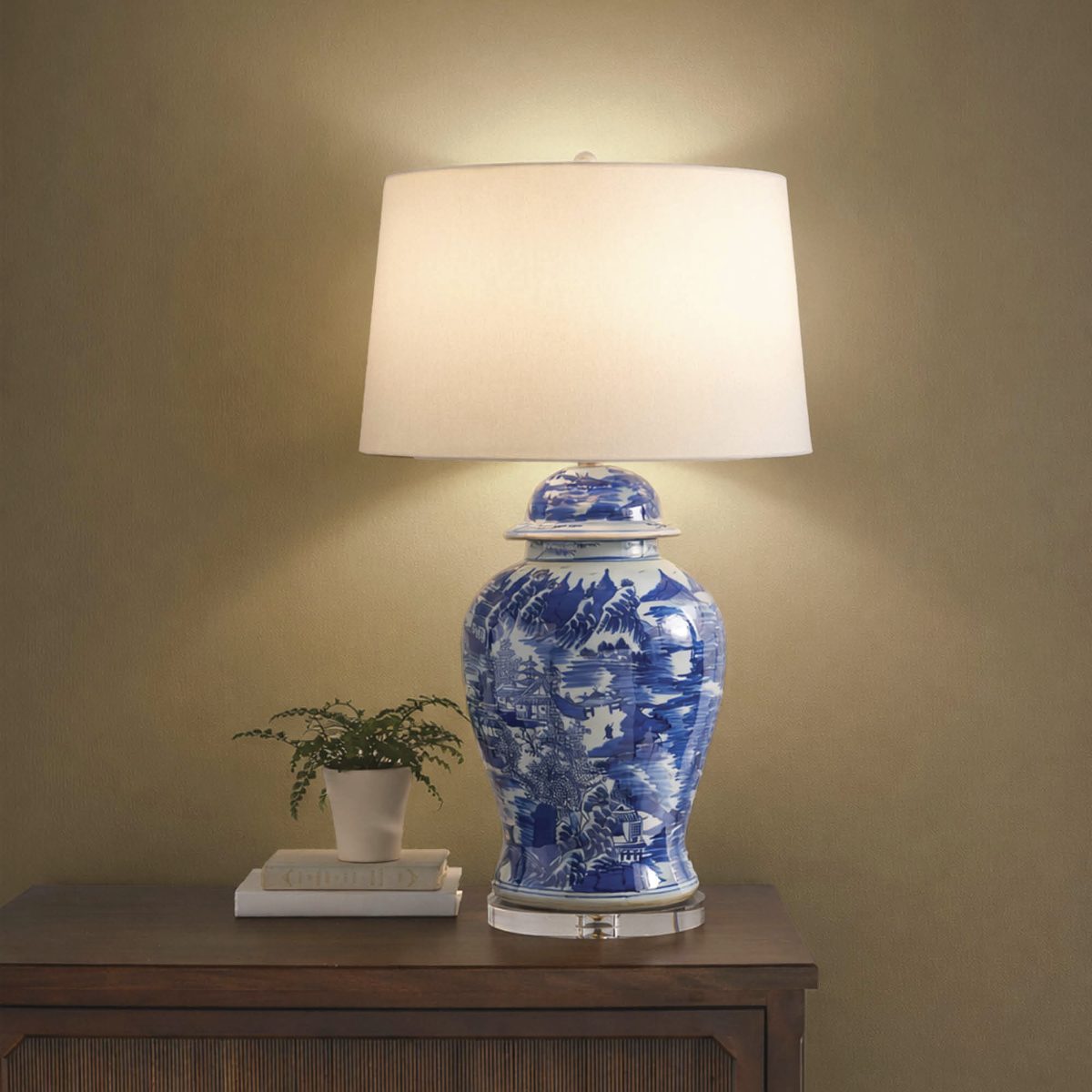 Blue Handpainted Ming Table Lamp with Linen Shade