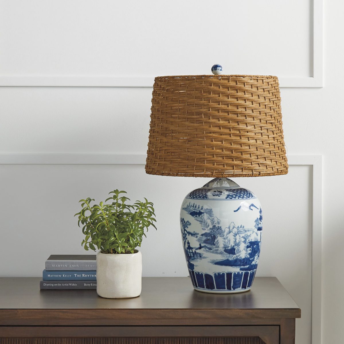 Alternative view of Blue Handpainted Ming Table Lamp with Wicker Shade