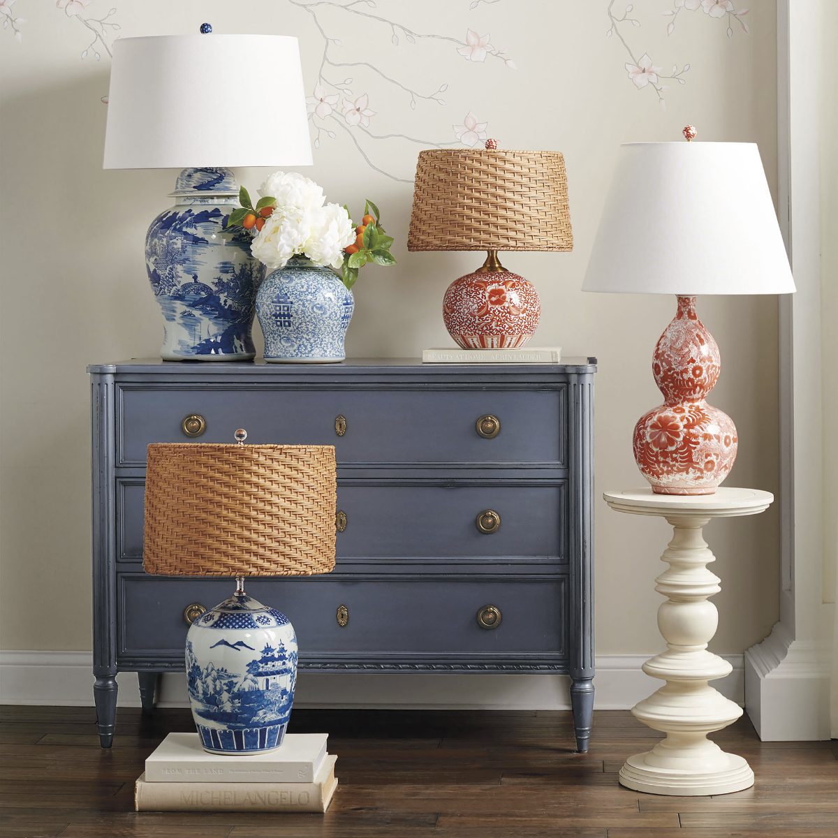 Blue Handpainted Ming Table Lamp with Wicker Shade - Image 3