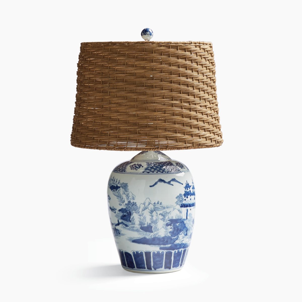 Blue Handpainted Ming Table Lamp with Wicker Shade - Image 4