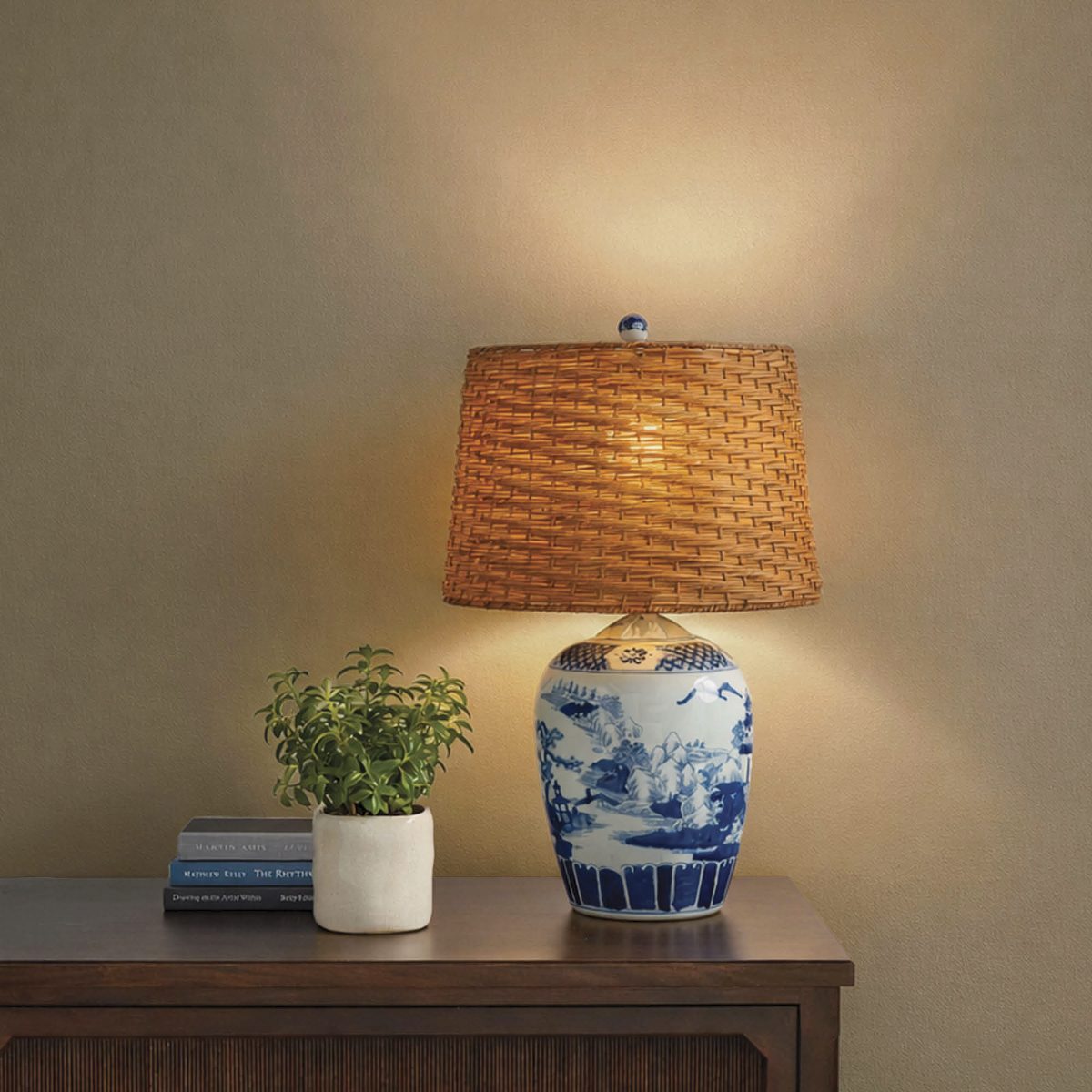 Blue Handpainted Ming Table Lamp with Wicker Shade
