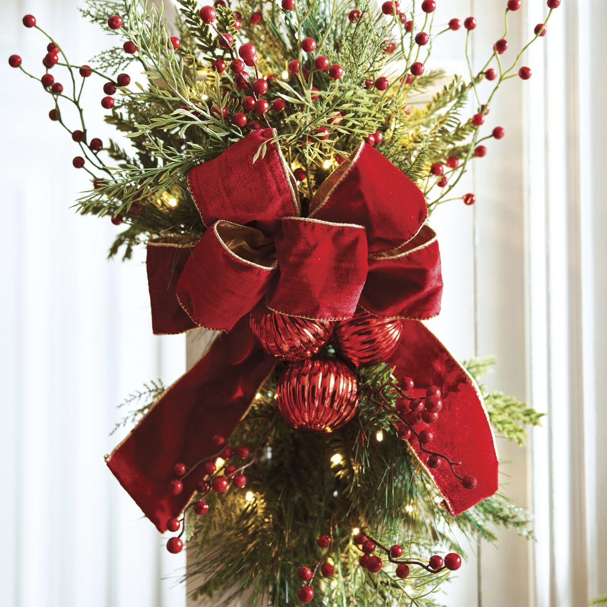 Christmas Cheer Cordless Staircase/Door Swag with Bow, Set of Two - Image 5