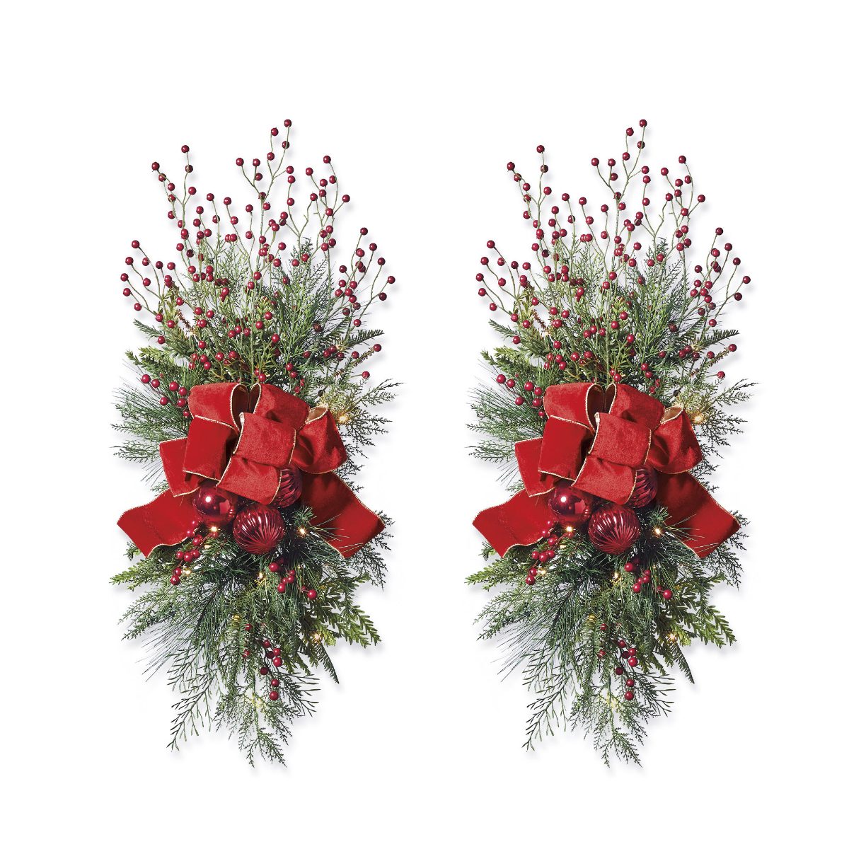 Christmas Cheer Cordless Staircase/Door Swag with Bow, Set of Two