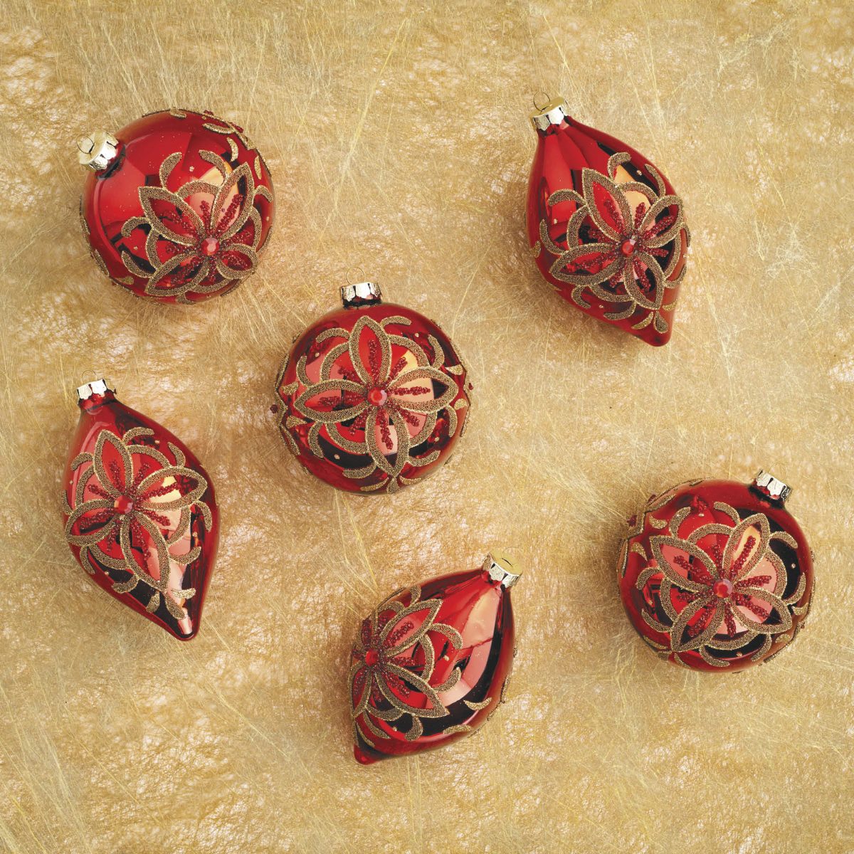 Bold Red Beaded Tile Ornaments, Set of Six